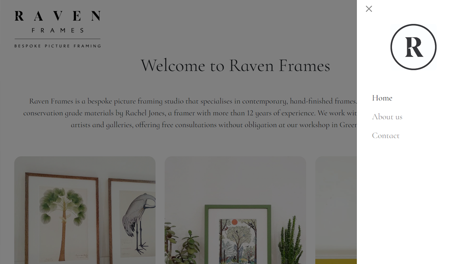 Now Chemistry website front page of Raven Frames website features example picture frames